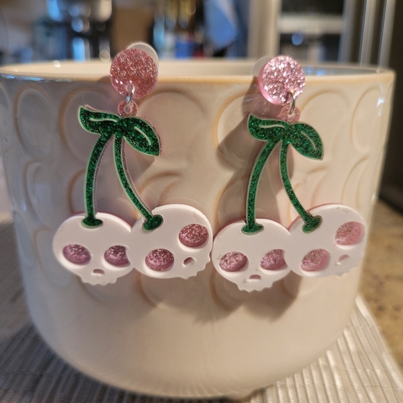 Jewelry - NEW Punk Skull Glitter Cherry Drop Dangle Earrings, pink